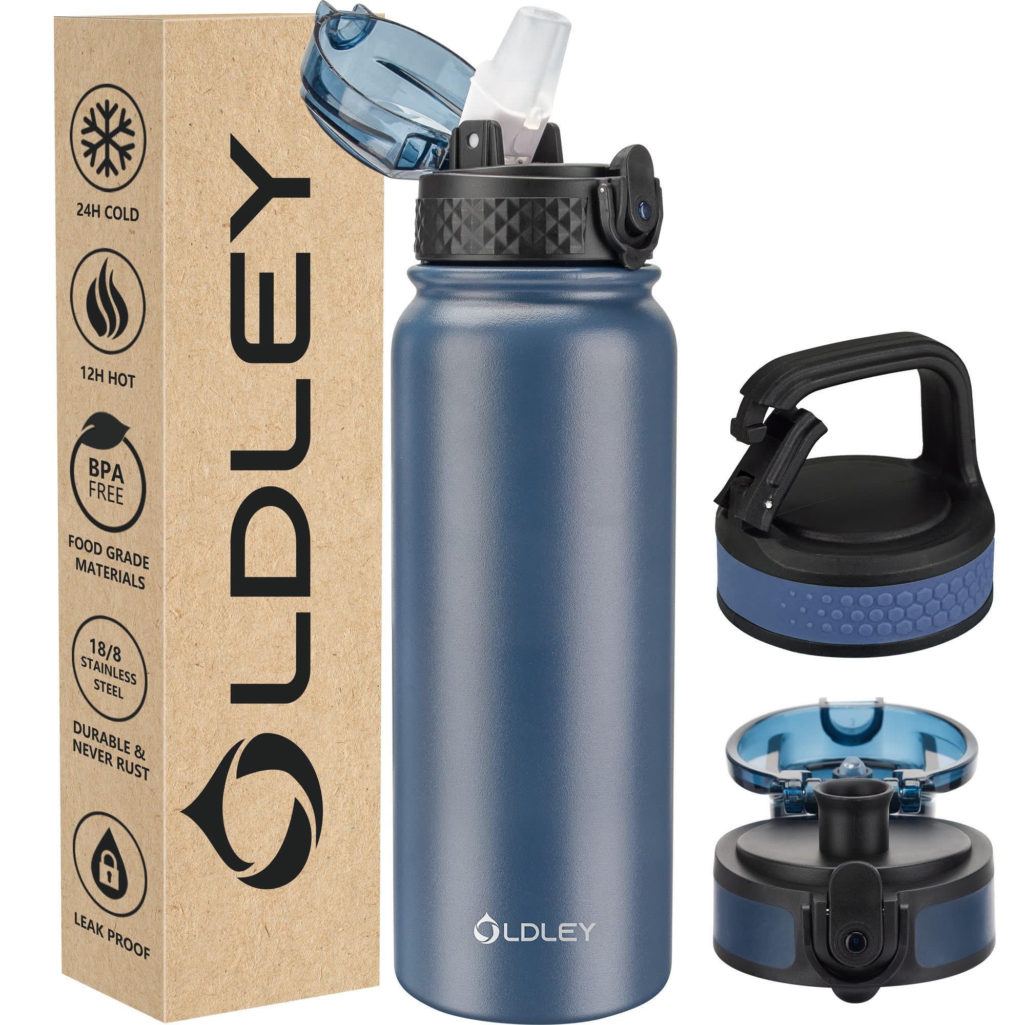 Oldley 20oz Triple Lid Thermos Bottle - 20oz Navy Blue Vacuum Insulated Water Flask - Image 3