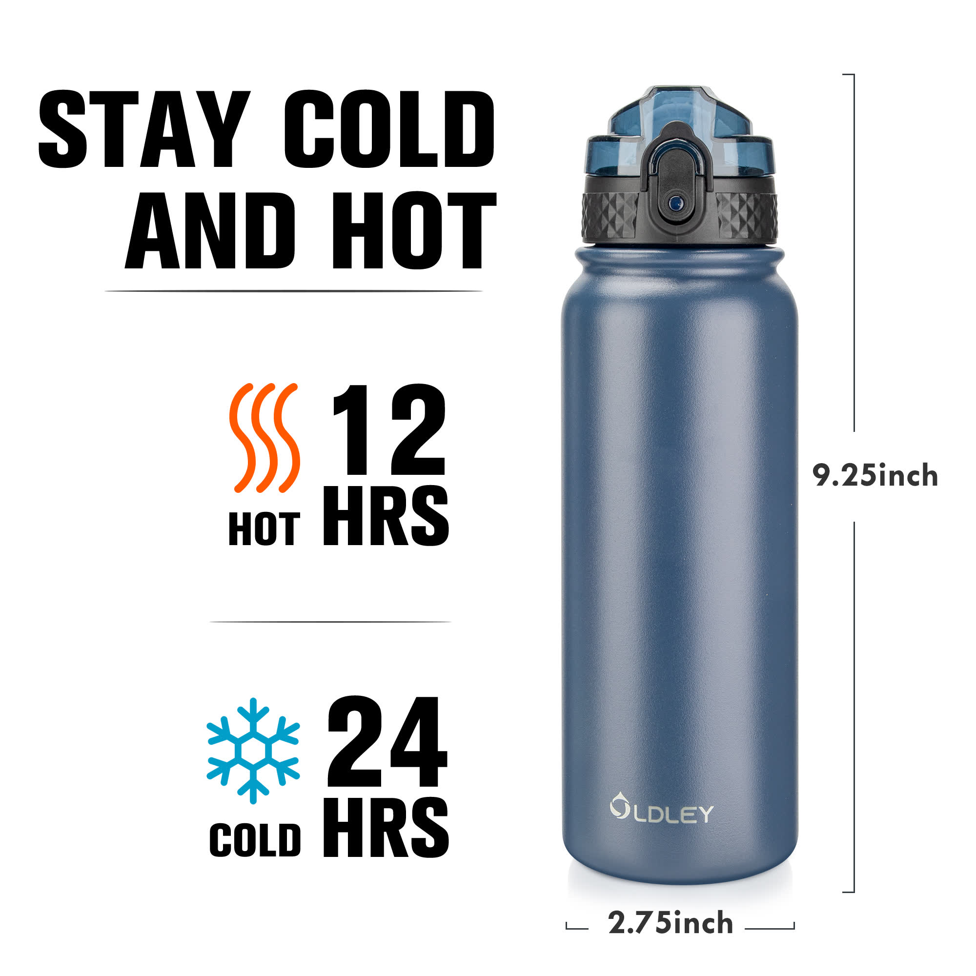Oldley 20oz Triple Lid Thermos Bottle - 20oz Navy Blue Vacuum Insulated Water Flask - Image 6