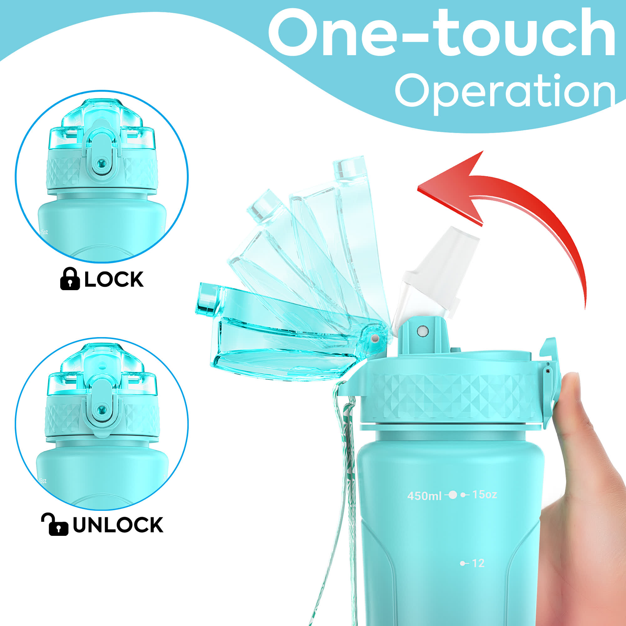 Oldley 15oz Kids Water Bottle - Blue Grey Dual Lid Cup - Image 3