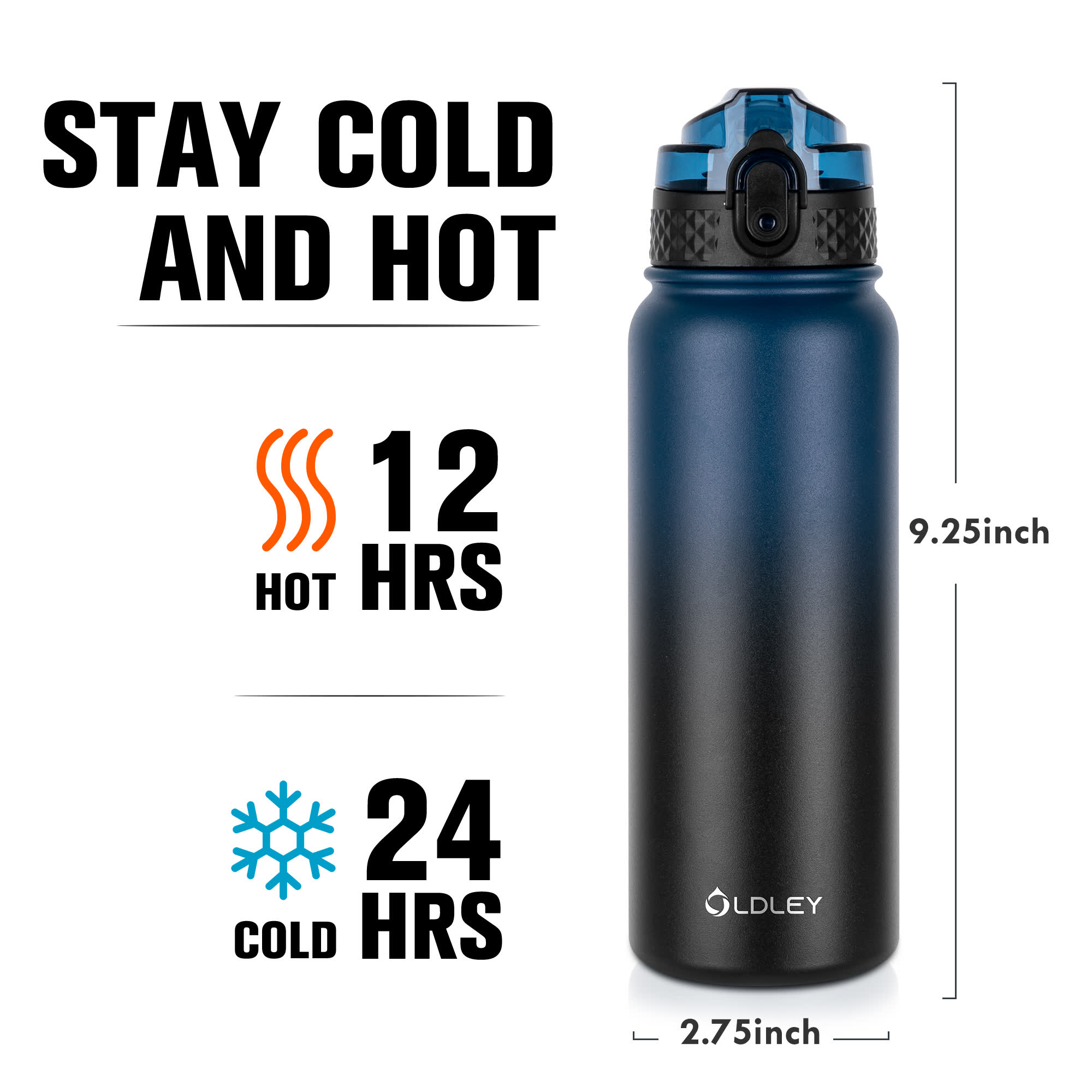 Oldley 20oz Triple Lid Thermos Bottle - 20oz blue Black Vacuum Insulated Water Flask - Image 4