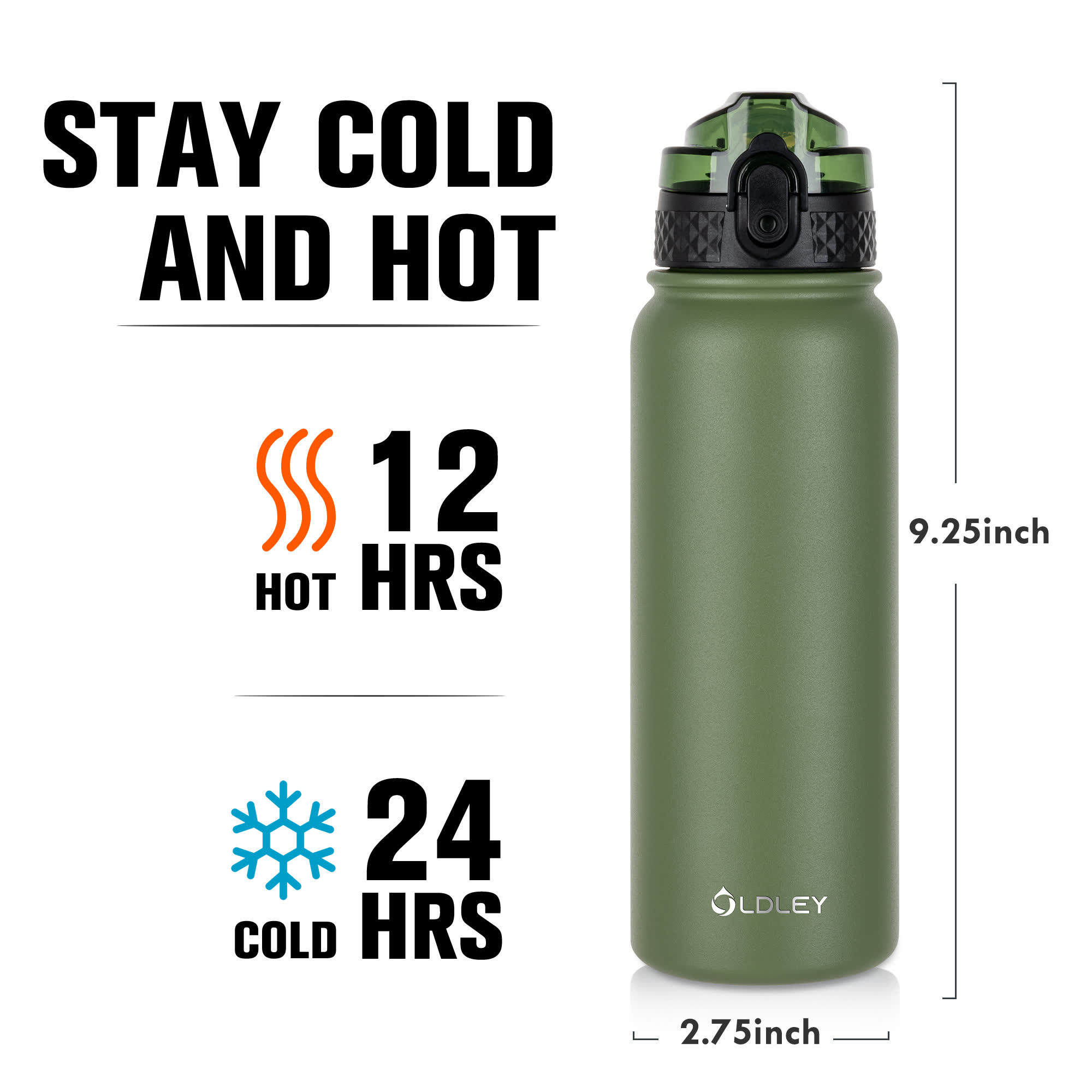 Oldley 20oz Triple Lid Thermos Bottle - 20oz olive green Vacuum Insulated Water Flask - Image 4