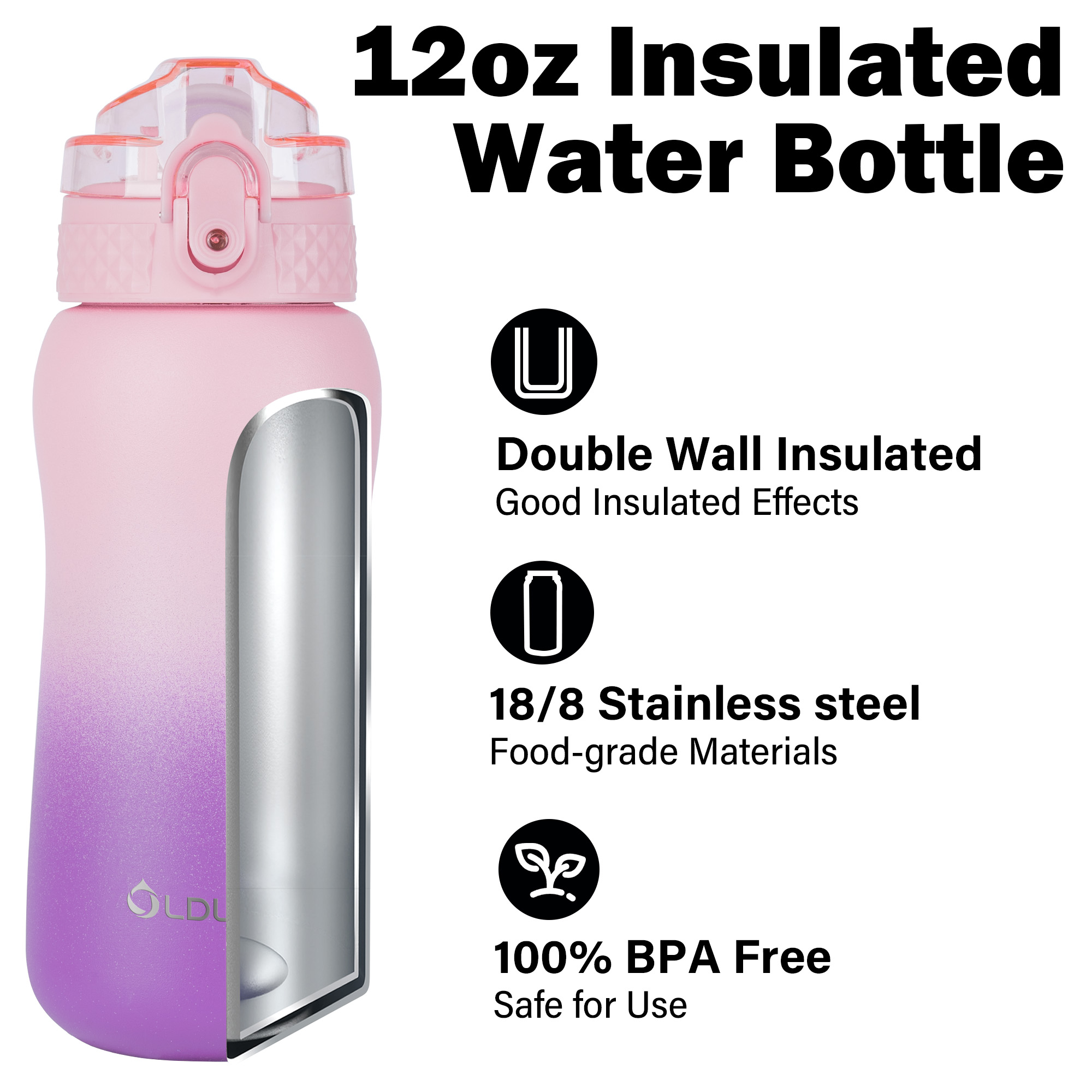 Oldley 12oz Pink Purple Compact Travel Flask with Straw - Image 8