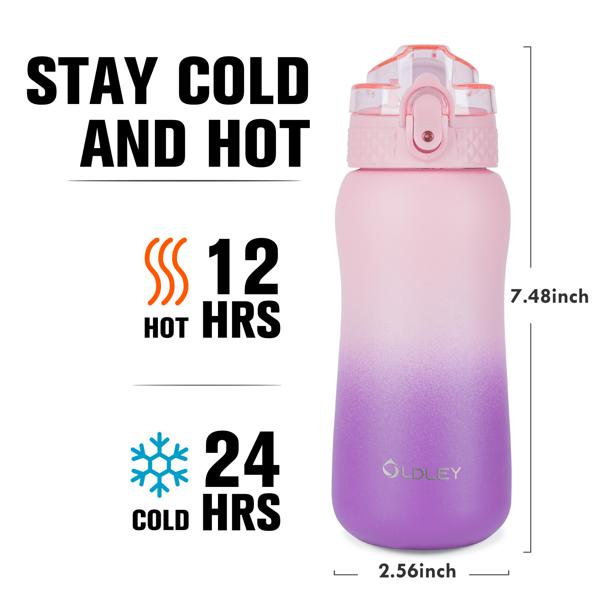 Oldley 12oz Pink Purple Compact Travel Flask with Straw - Image 4