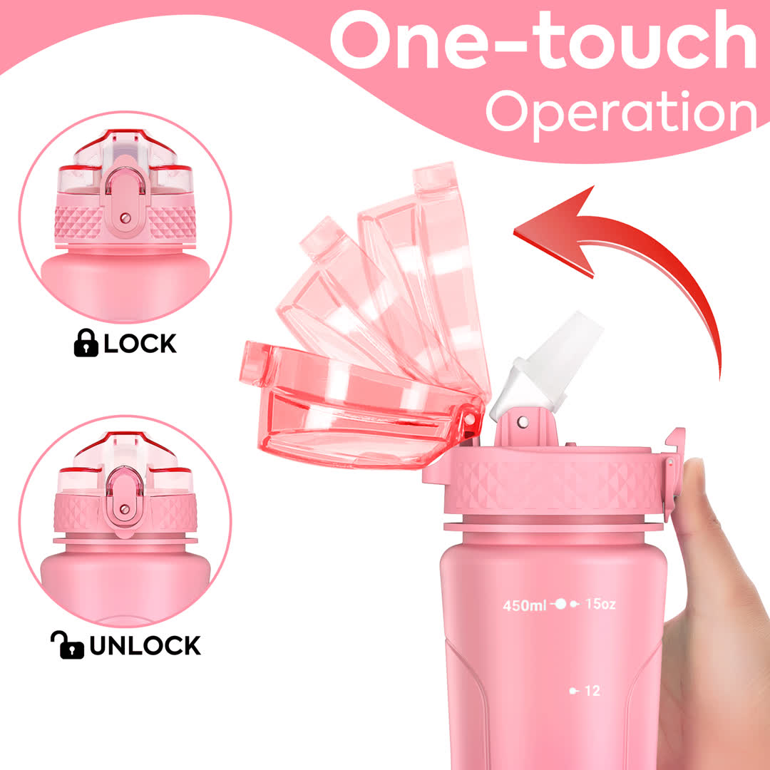 Oldley 15oz Kids Water Bottle - B-Pink Purple Dual Lid Cup - Image 4