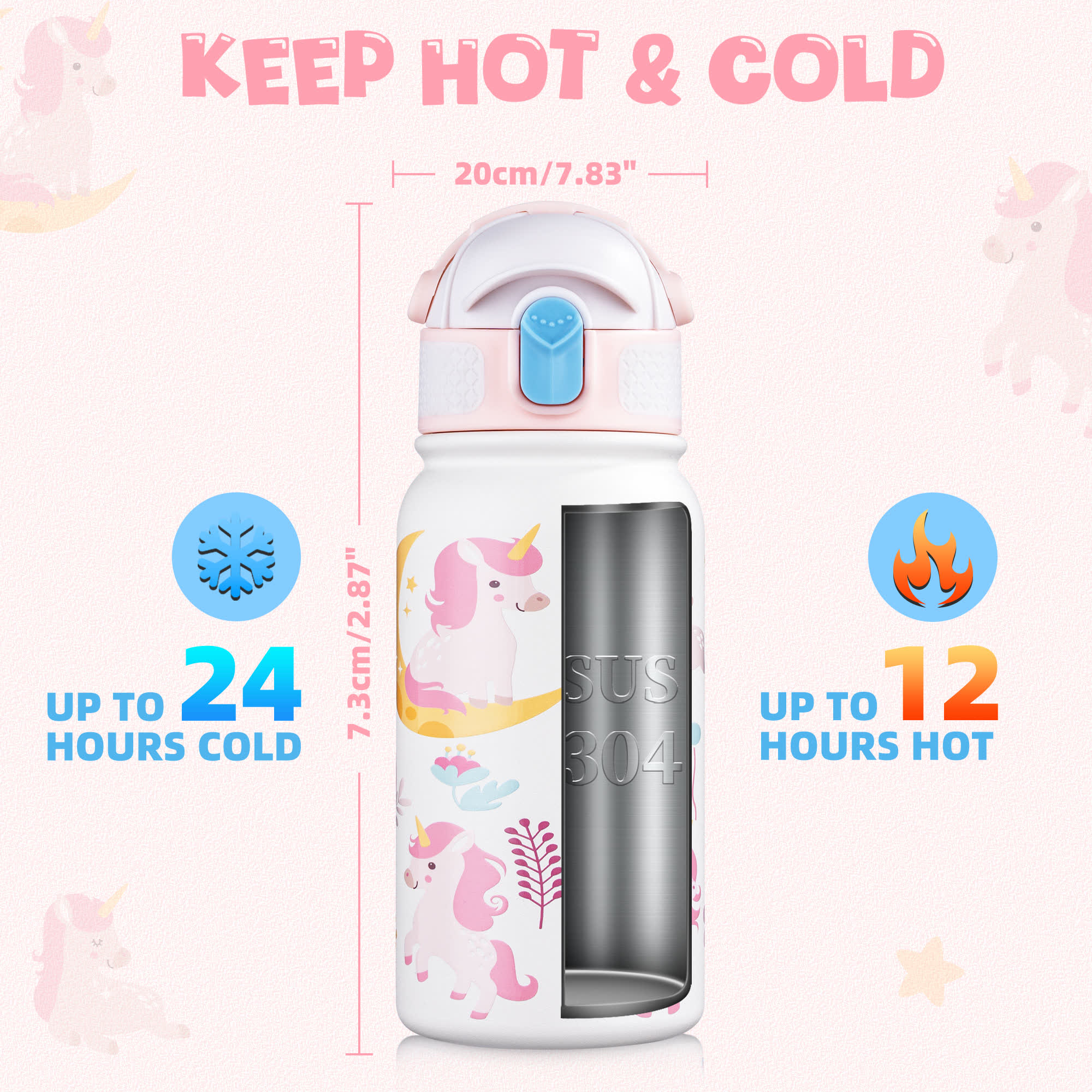 Oldley 12oz Kids Insulated Bottle - White Magical Unicorn Edition - Image 7