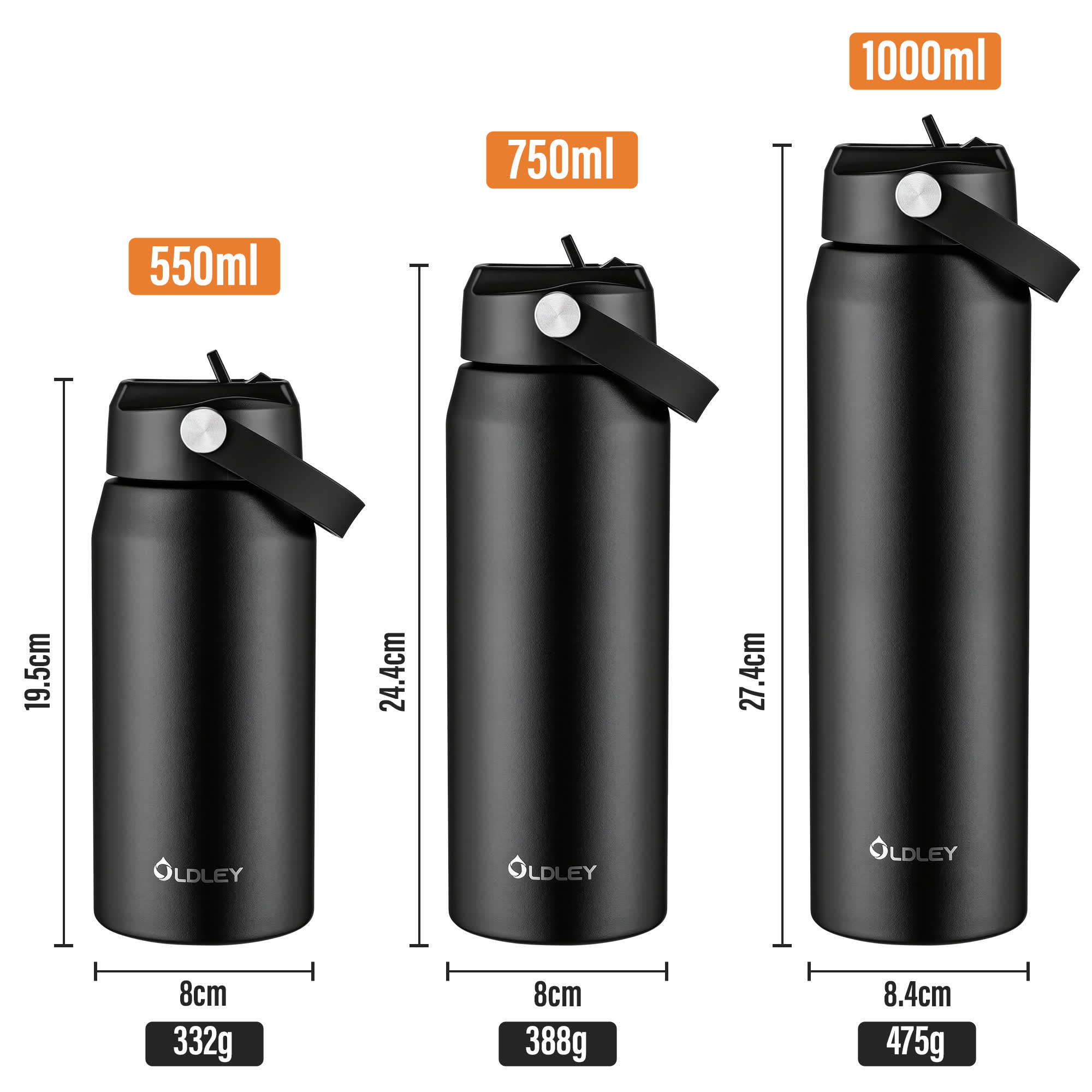 Oldley Black Stainless Steel Thermos 550ml - 32oz - Image 5