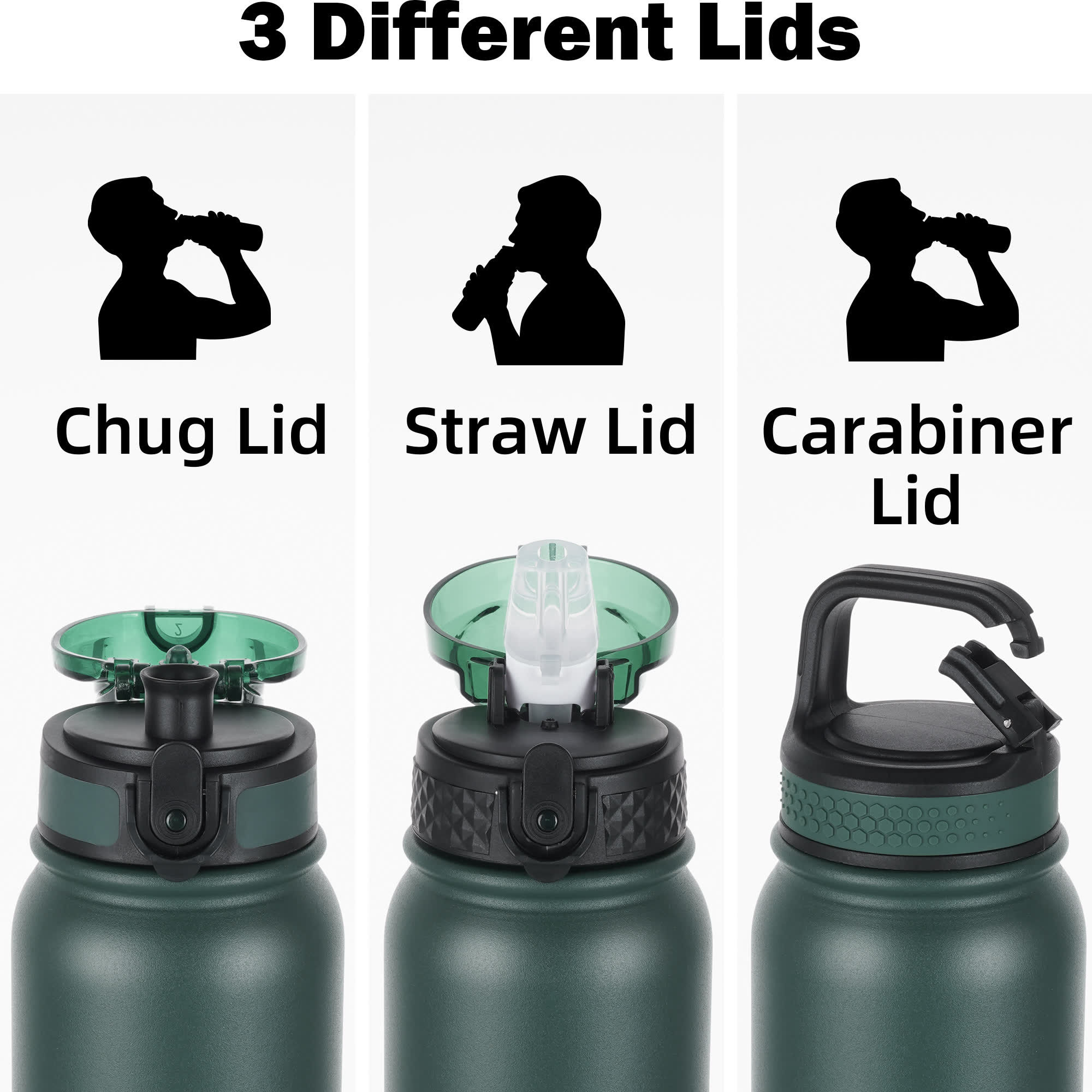 Oldley 20oz Triple Lid Thermos Bottle - 20oz Green-black Vacuum Insulated Water Flask - Image 3