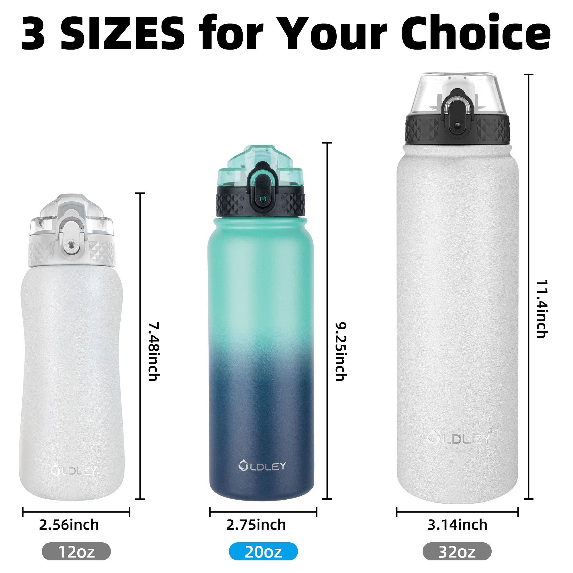 Oldley 20oz Triple Lid Thermos Bottle - Caribbean Blue Vacuum Insulated Water Flask - Image 3