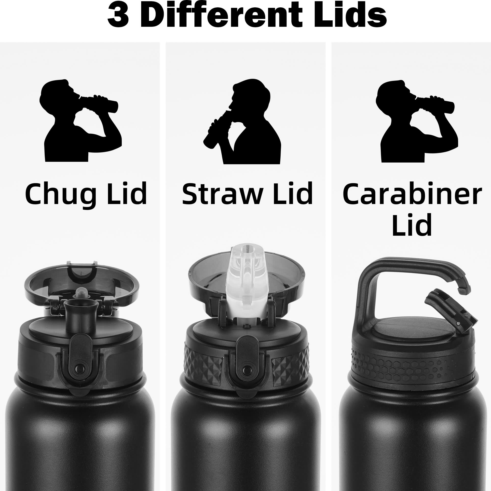 Oldley Black Grey Triple Lid Thermos - Insulated Travel Bottle - Image 3