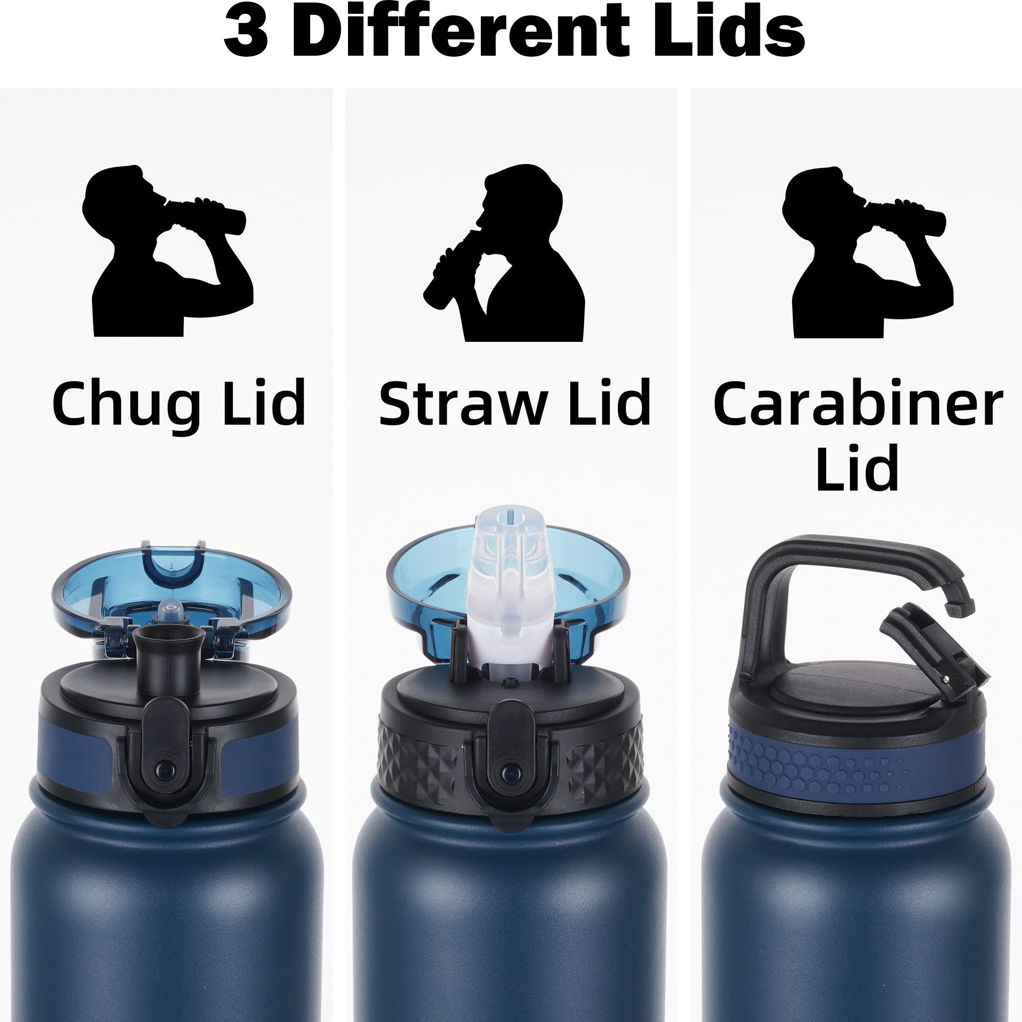 Oldley 20oz Triple Lid Thermos Bottle - 20oz blue Black Vacuum Insulated Water Flask - Image 3