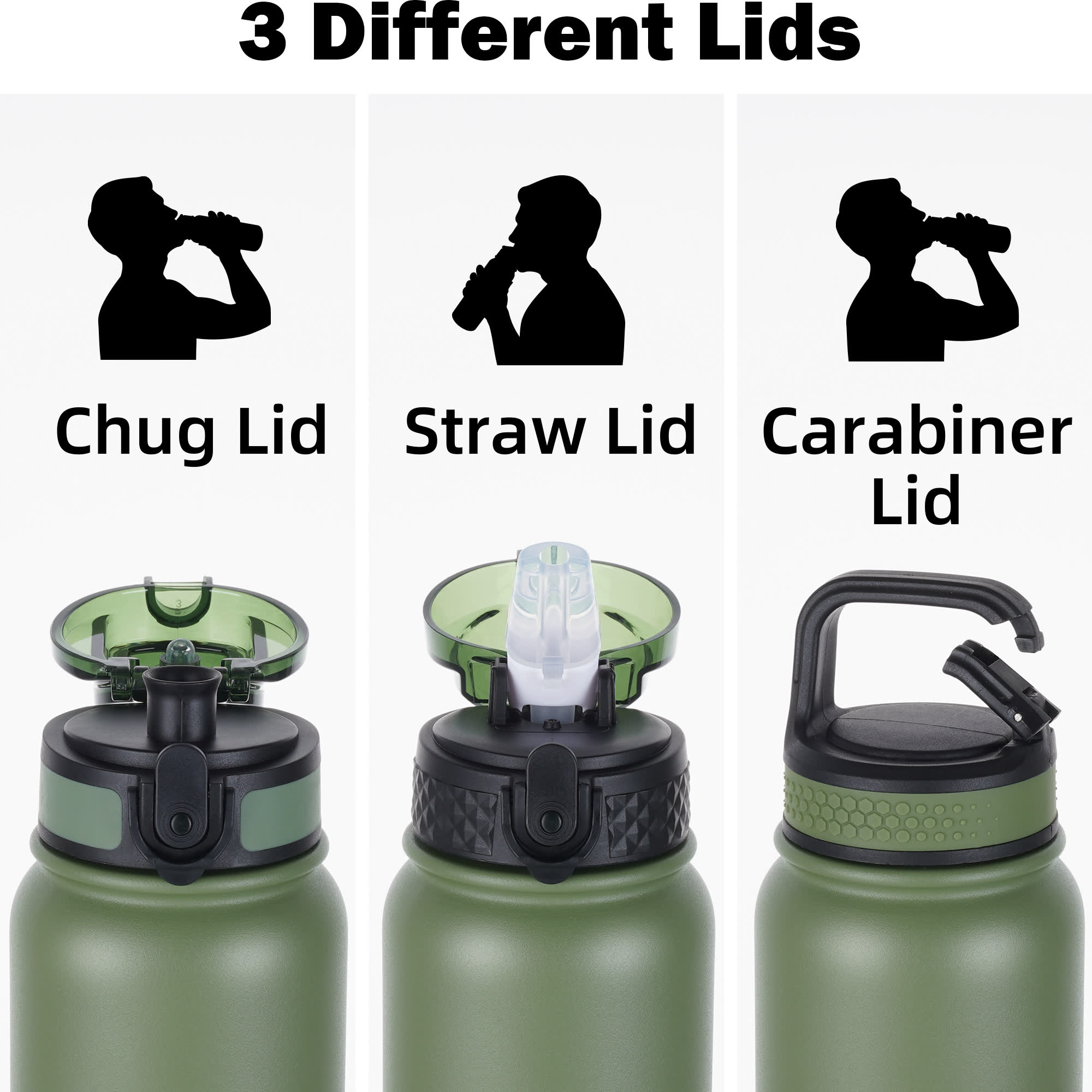 Oldley 20oz Triple Lid Thermos Bottle - 20oz olive green Vacuum Insulated Water Flask - Image 3