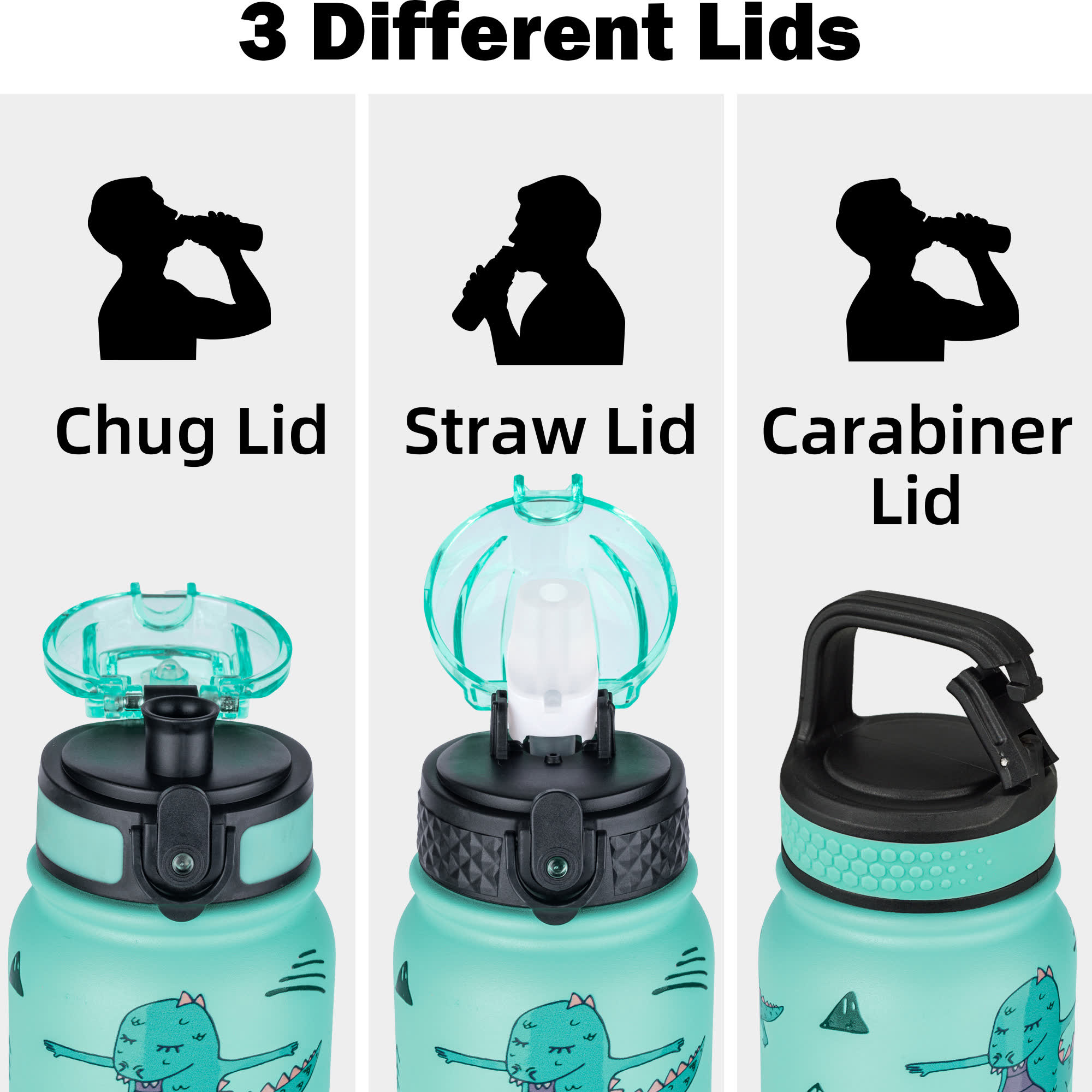 Oldley 20oz Triple Lid Thermos Bottle - 3D Cute Dinosaur Vacuum Insulated Water Flask - Image 3