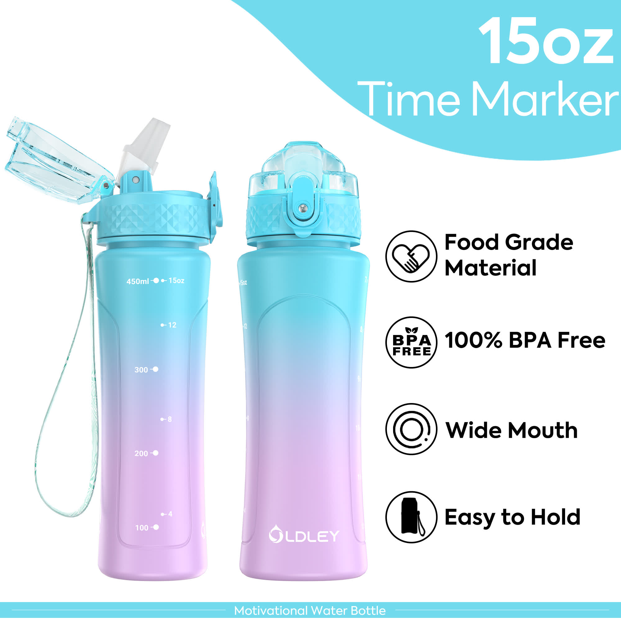 Oldley 15oz Kids Water Bottle - Blue Purple Dual Lid Cup - Image 4