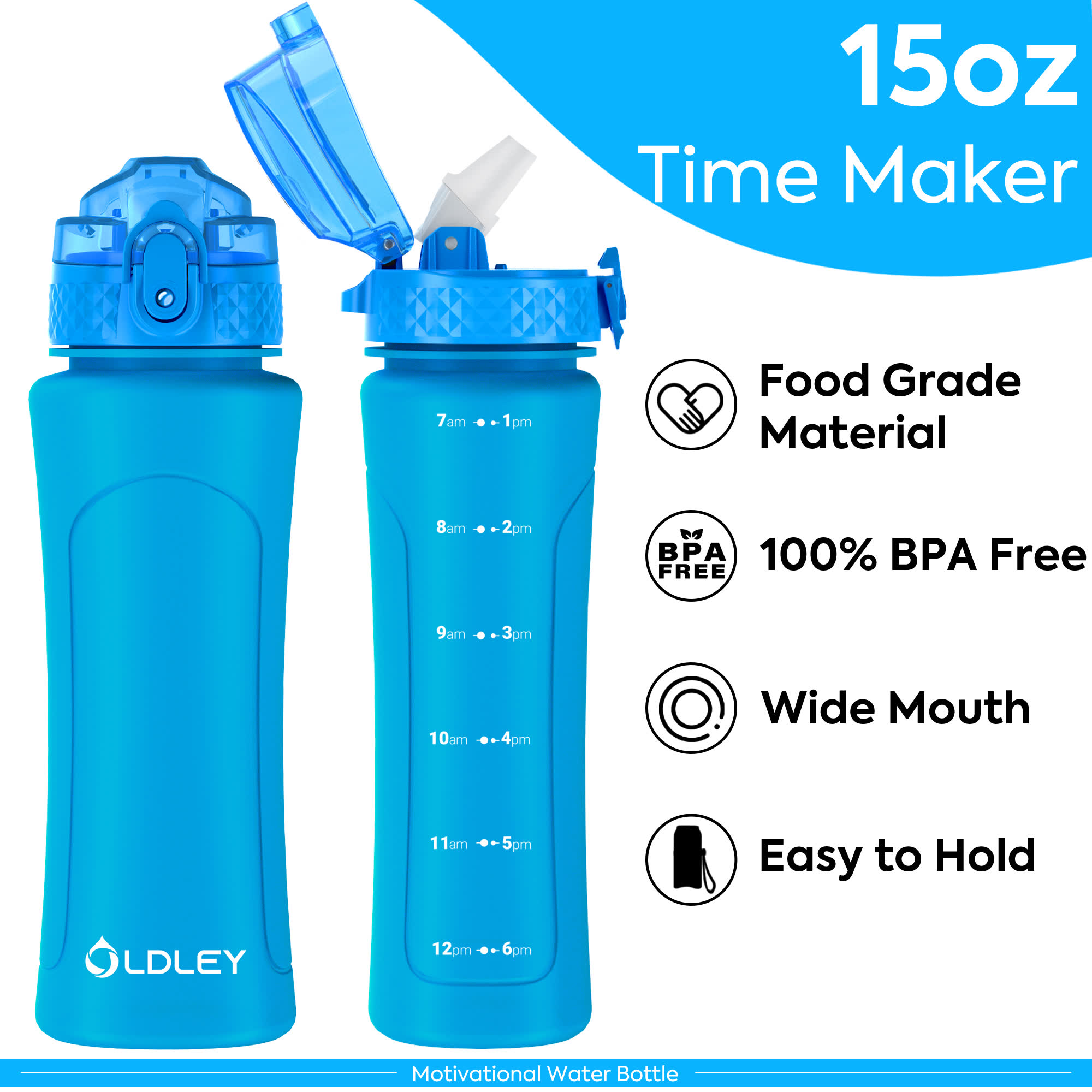Oldley 15oz Kids Water Bottle - Classic Blue Dual Lid Cup - Image 3