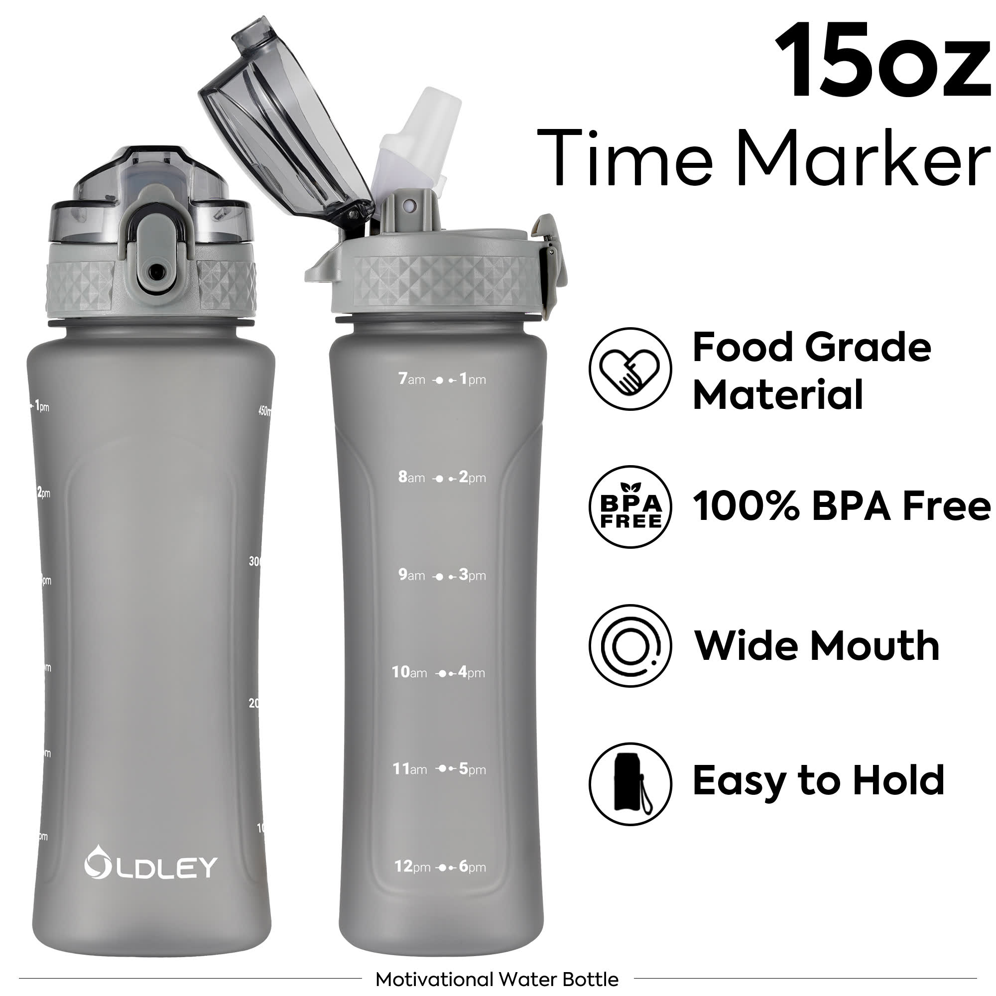 Oldley 15oz Kids Water Bottle - Sleek Grey Dual Lid Cup - Image 3
