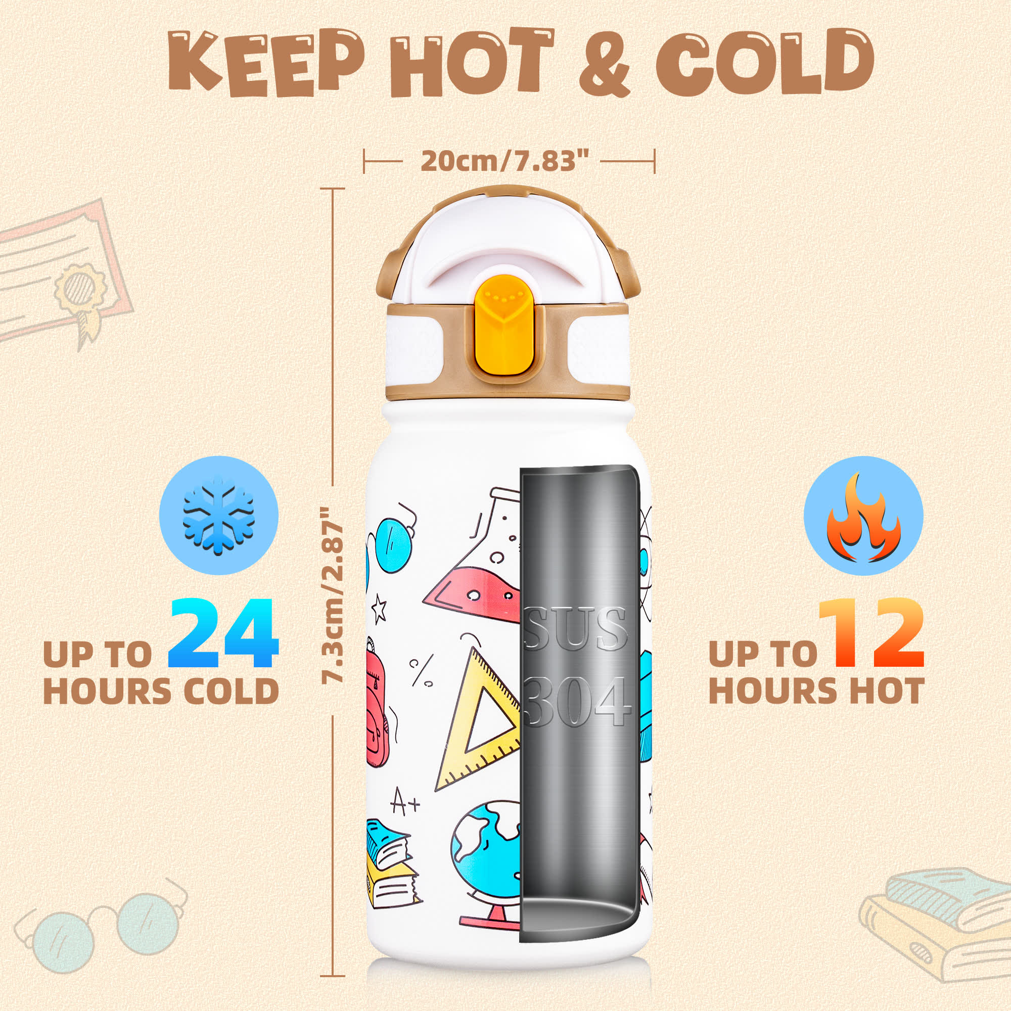 Oldley 12oz Kids Insulated Bottle - White School Stationery Edition - Image 7