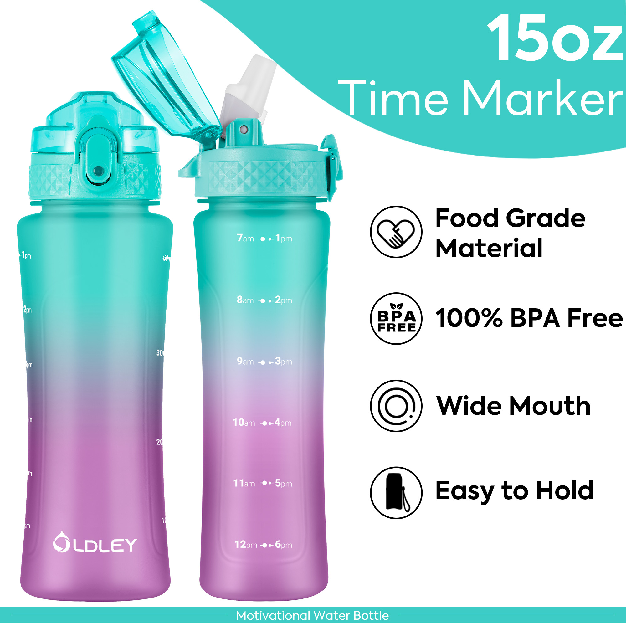 Oldley 15oz Kids Water Bottle - Mint Purple Dual Lid Cup - Image 3