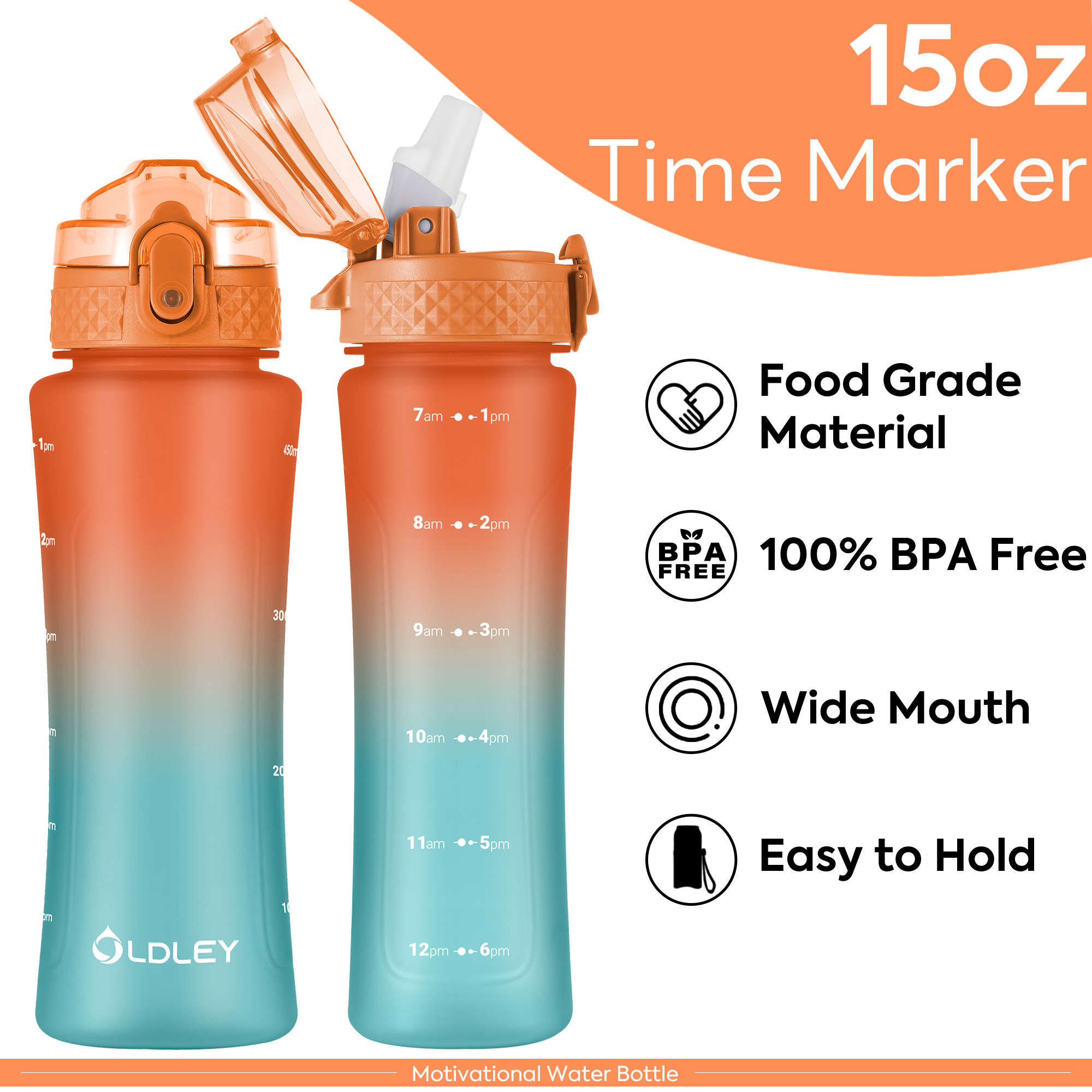 Oldley 15oz Kids Water Bottle - OrangeGreen Dual Lid Cup - Image 3