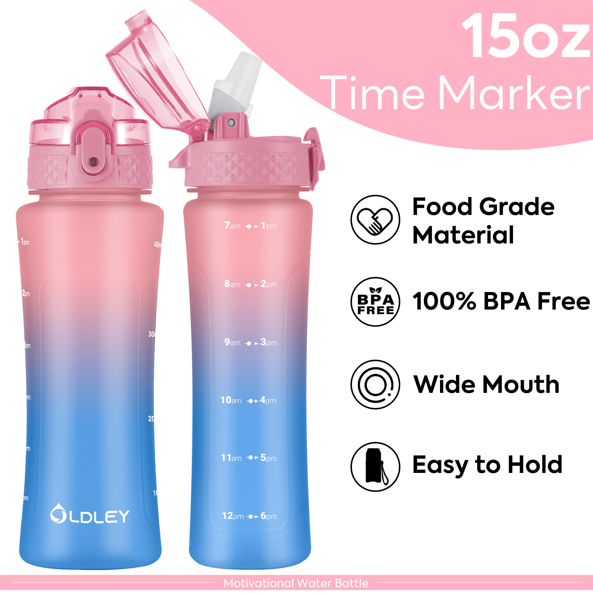 Oldley 15oz Kids Water Bottle - Candy Pink Blueberry Dual Lid Cup - Image 8