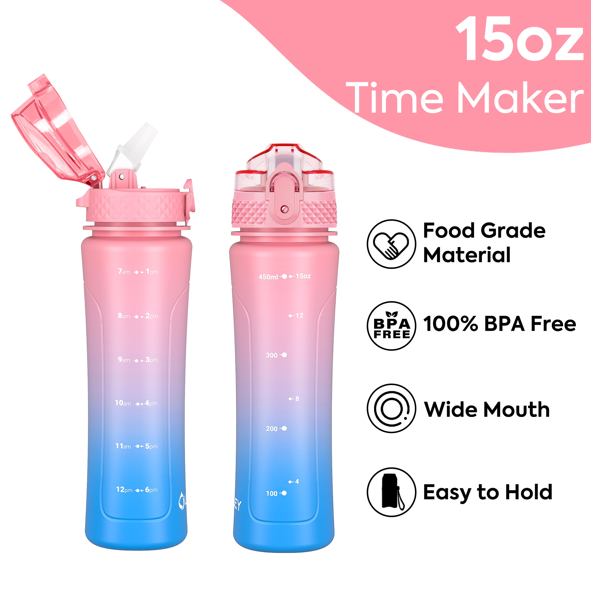 Oldley 15oz Kids Water Bottle - Candy Pink Blueberry Dual Lid Cup - Image 3