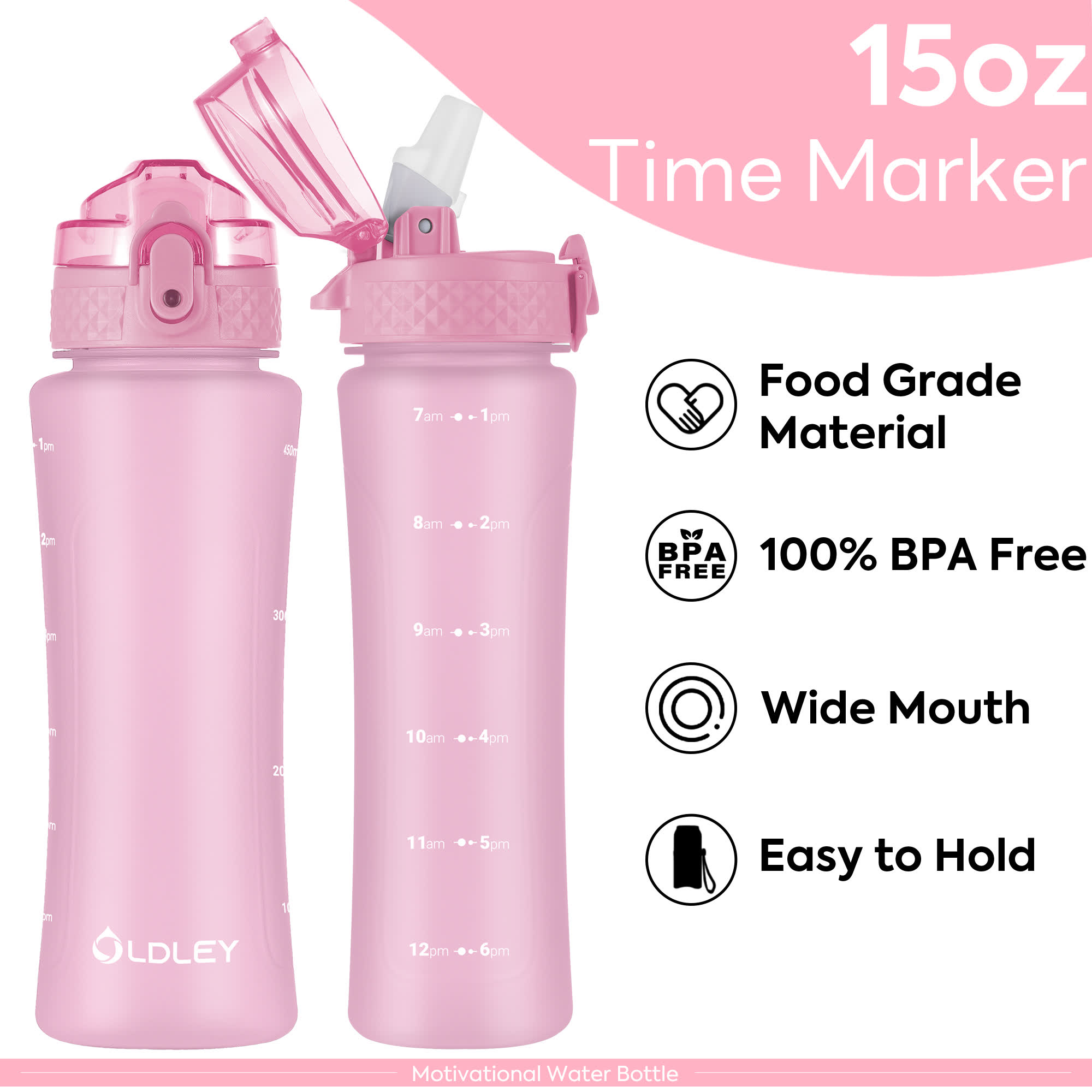 Oldley 15oz Kids Water Bottle - Classic Pink Dual Lid Cup - Image 5