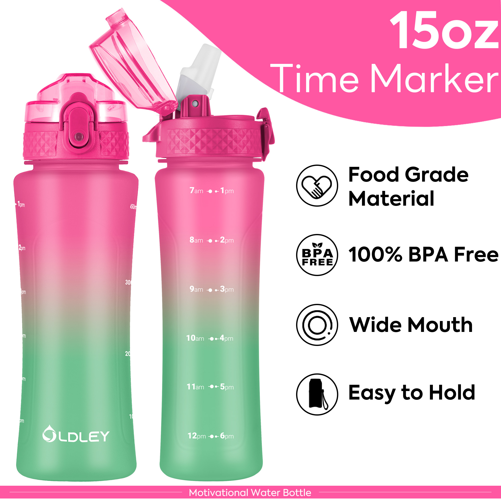 Oldley 15oz Kids Water Bottle - Rose-Red Green Dual Lid Cup - Image 4