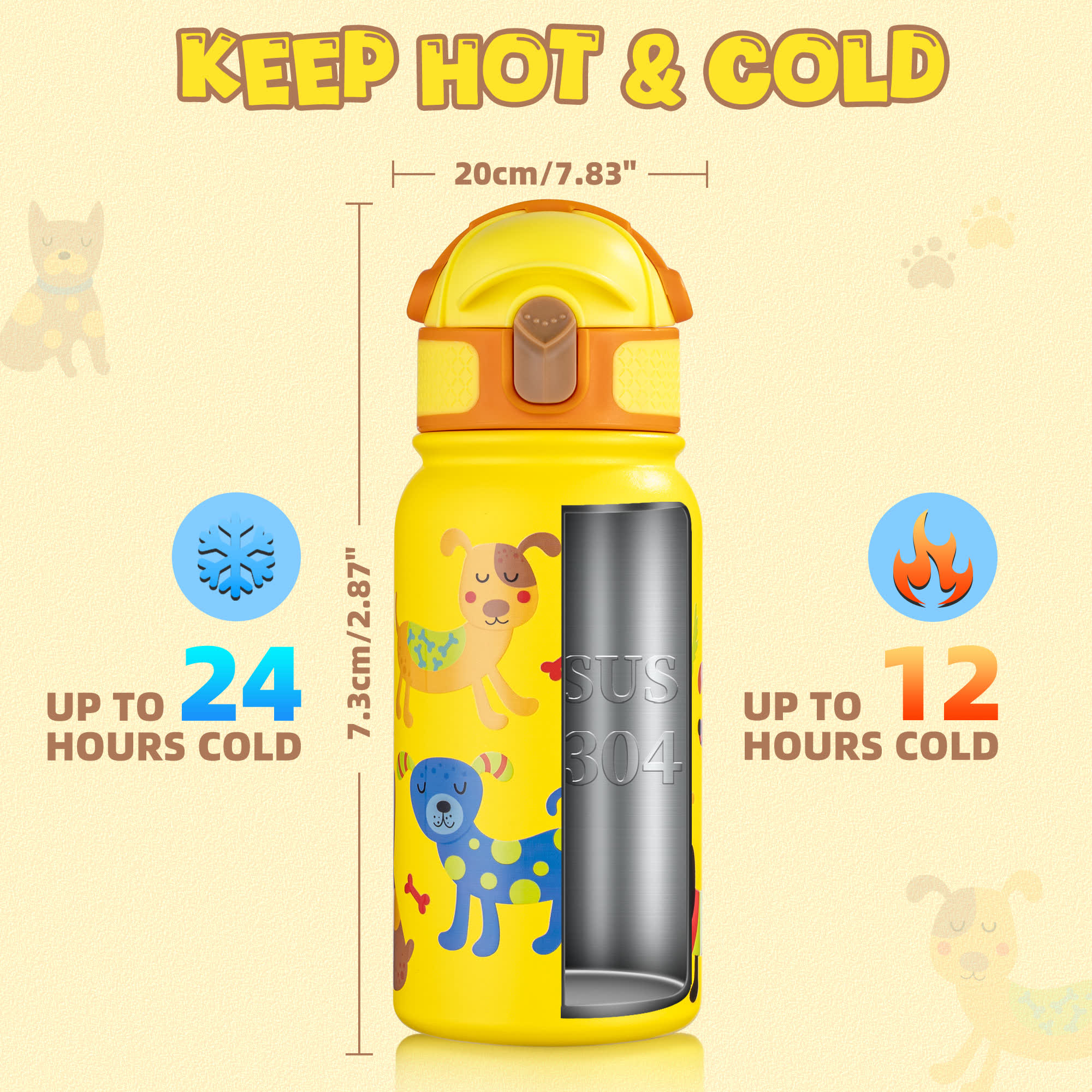 Oldley 12oz Kids Insulated Bottle - Yellow Playful Cartoon Dog Edition - Image 3