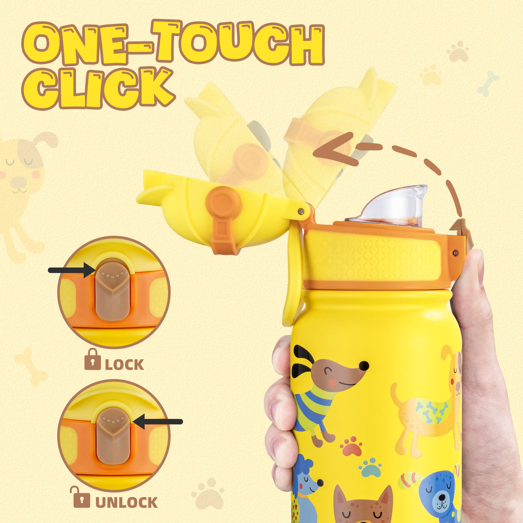 Oldley 12oz Kids Insulated Bottle - Yellow Playful Cartoon Dog Edition - Image 4