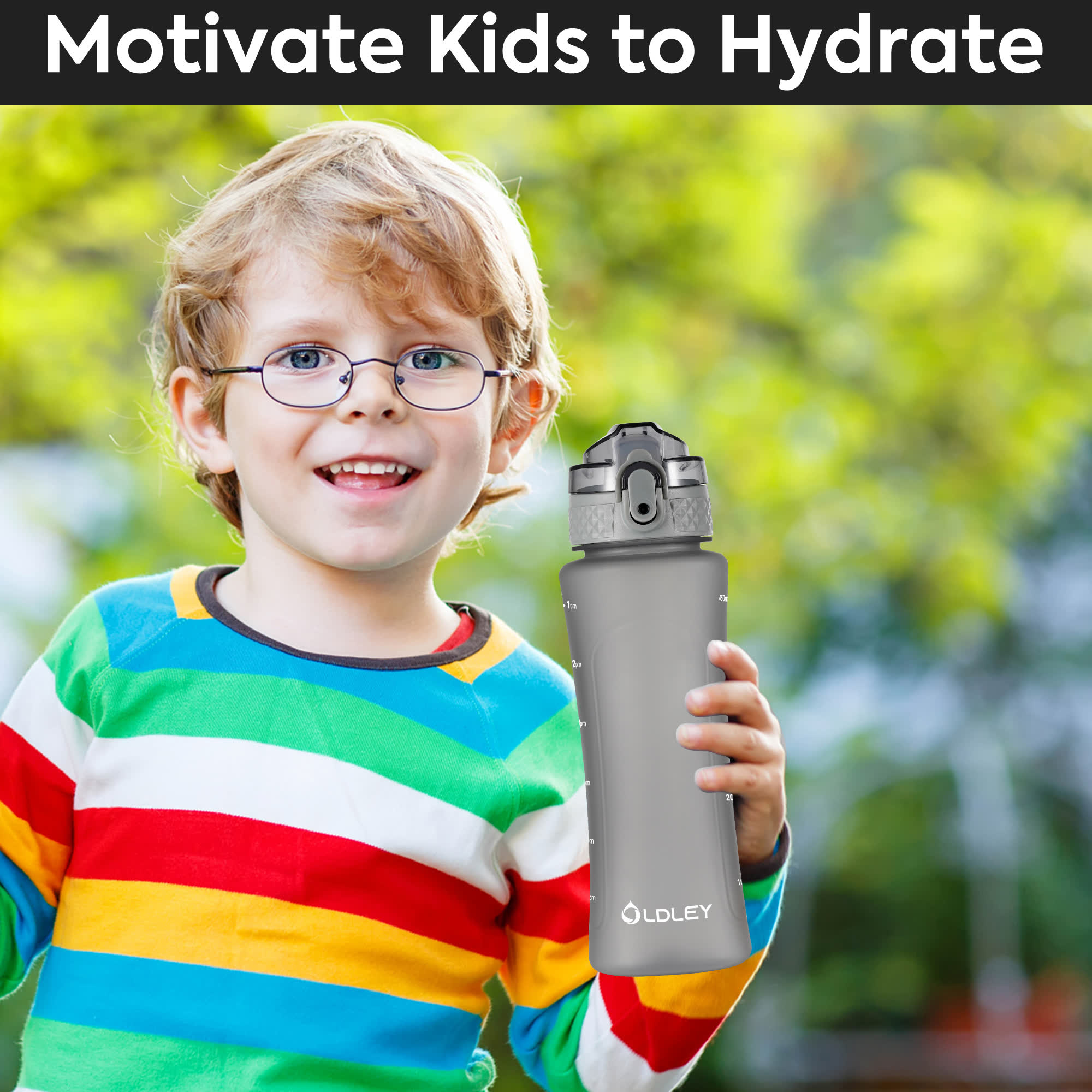 Oldley 15oz Kids Water Bottle - Sleek Grey Dual Lid Cup - Image 5