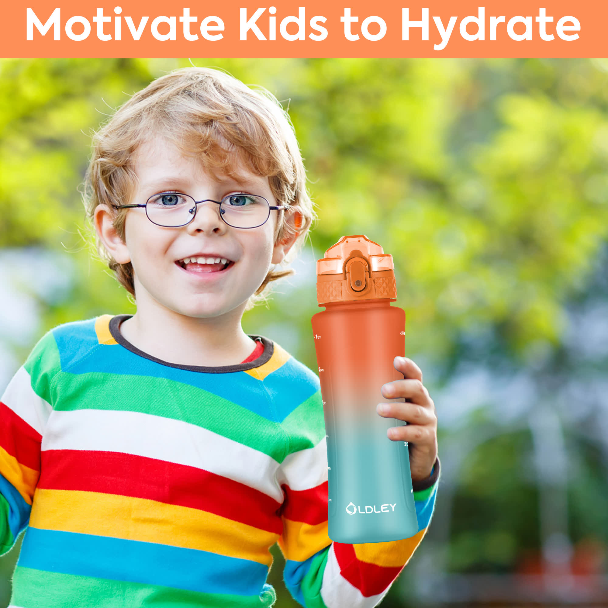 Oldley 15oz Kids Water Bottle - OrangeGreen Dual Lid Cup - Image 5