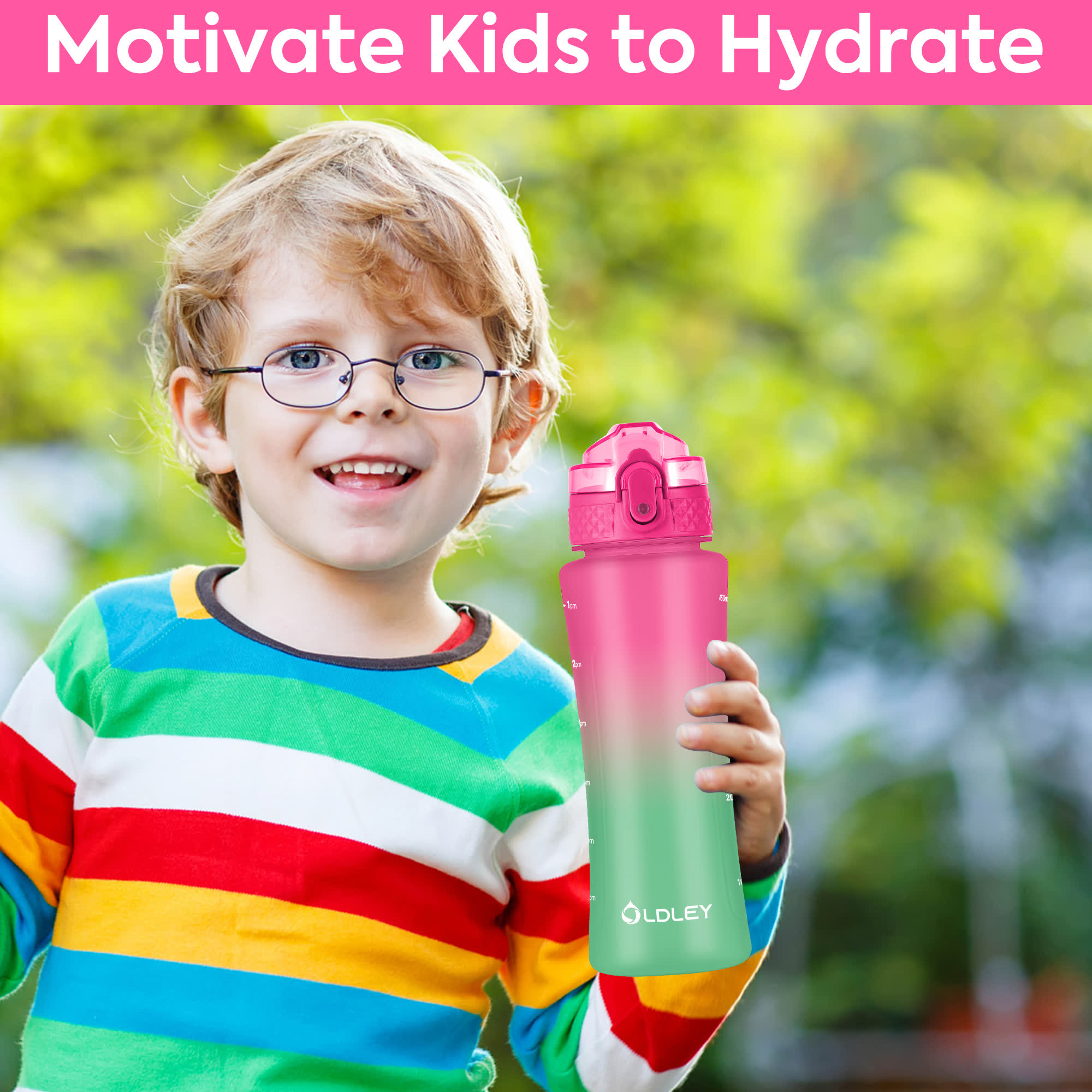 Oldley 15oz Kids Water Bottle - Rose-Red Green Dual Lid Cup - Image 5